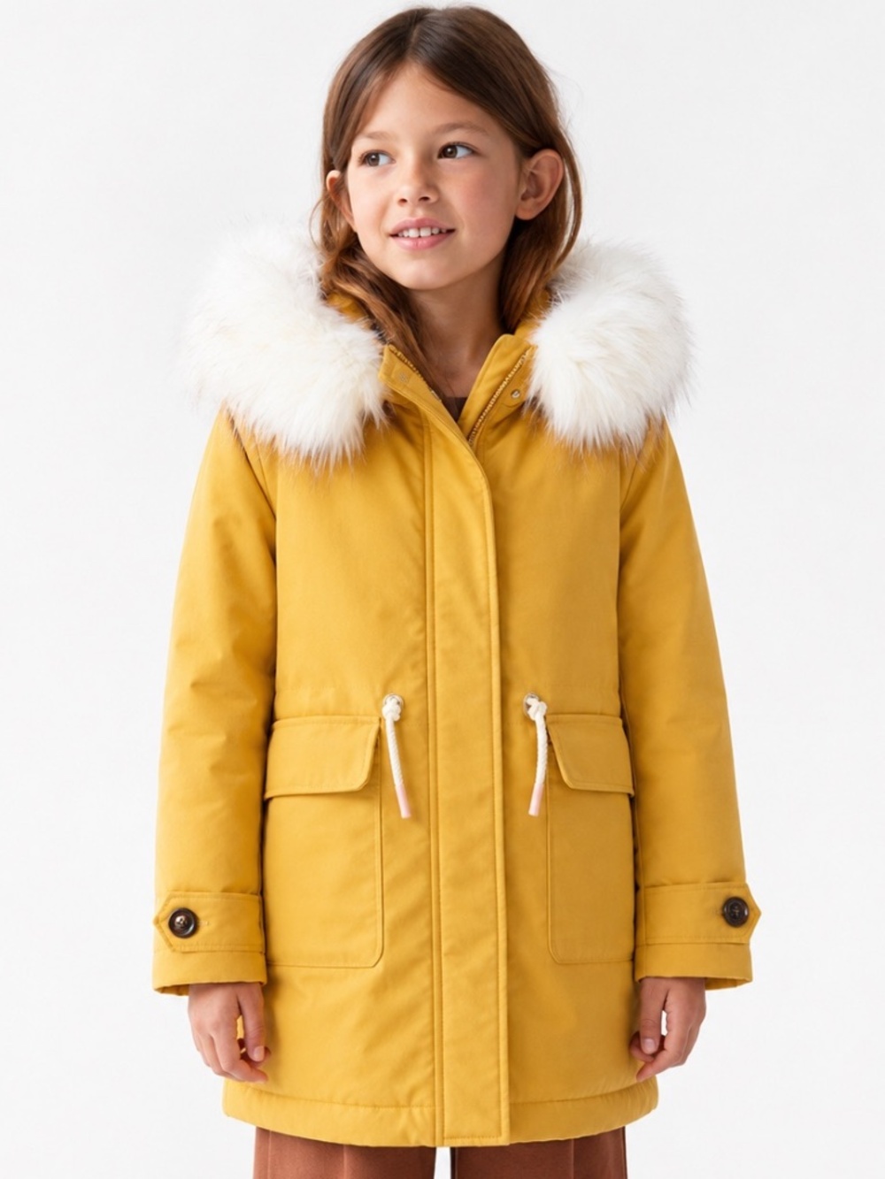 Zara girls yellow puff jacket with faux fur hood